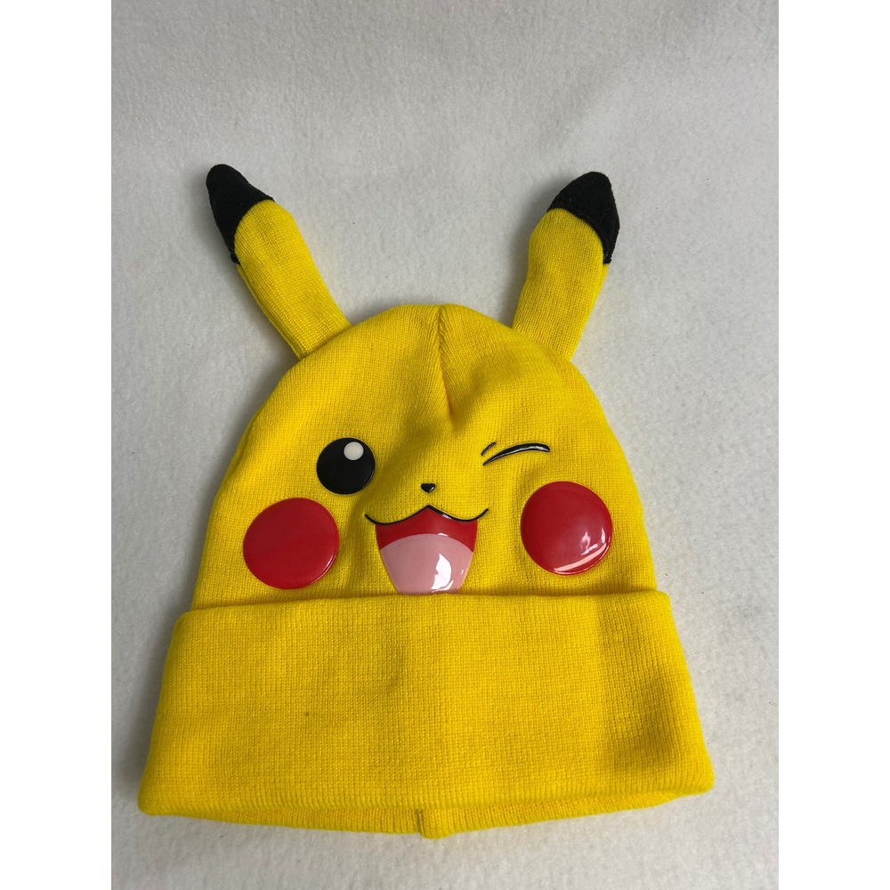 Anime Core Pokemon Unisex One Size Yellow Pikachu Winking Face Beanie Hat 3D Ear
